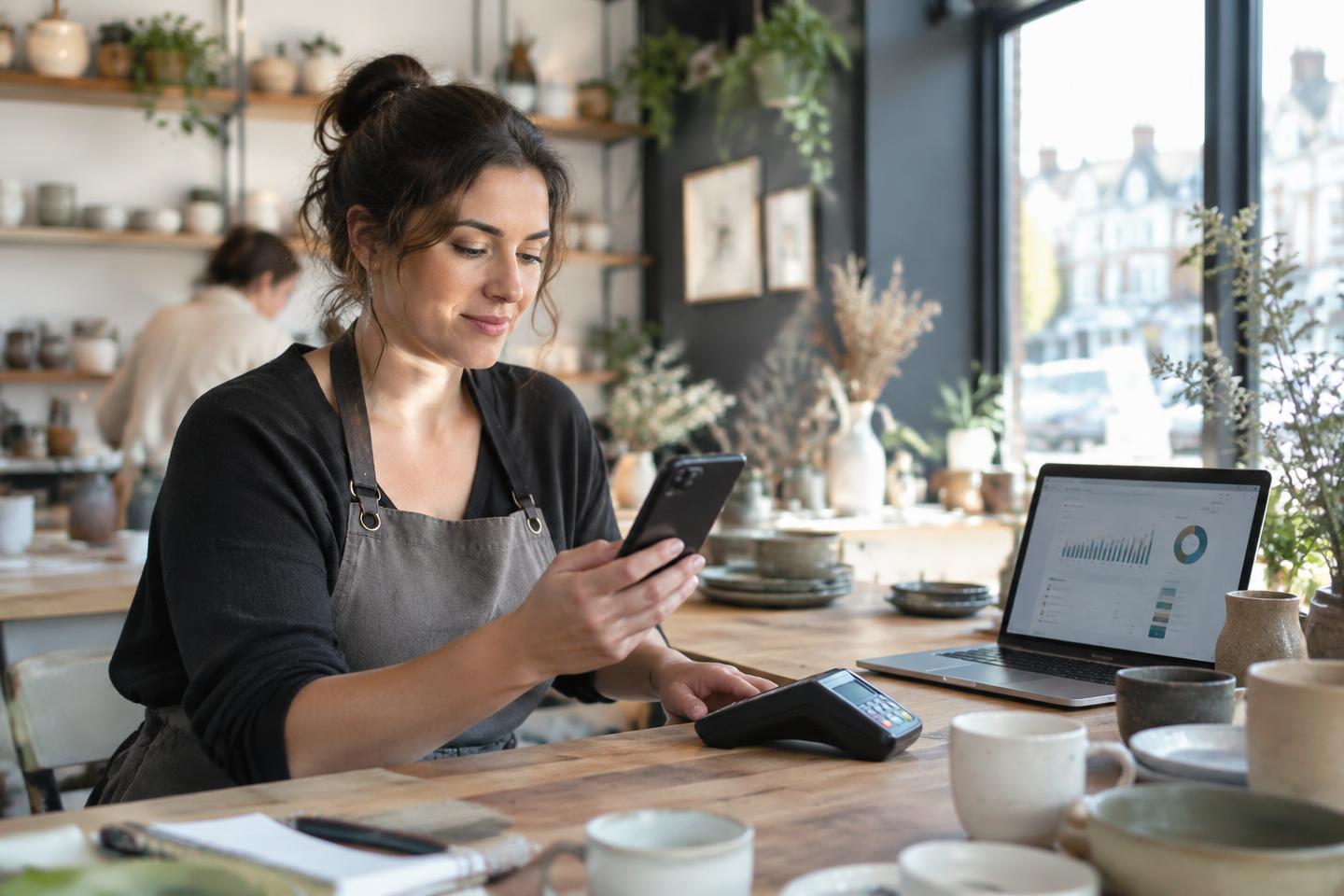Business owner reviewing payments on a phone beside a laptop dashboard