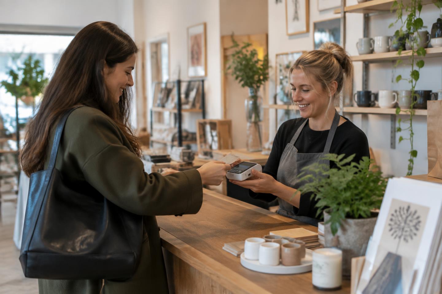 Independent shop assistant taking a contactless card payment at the counter